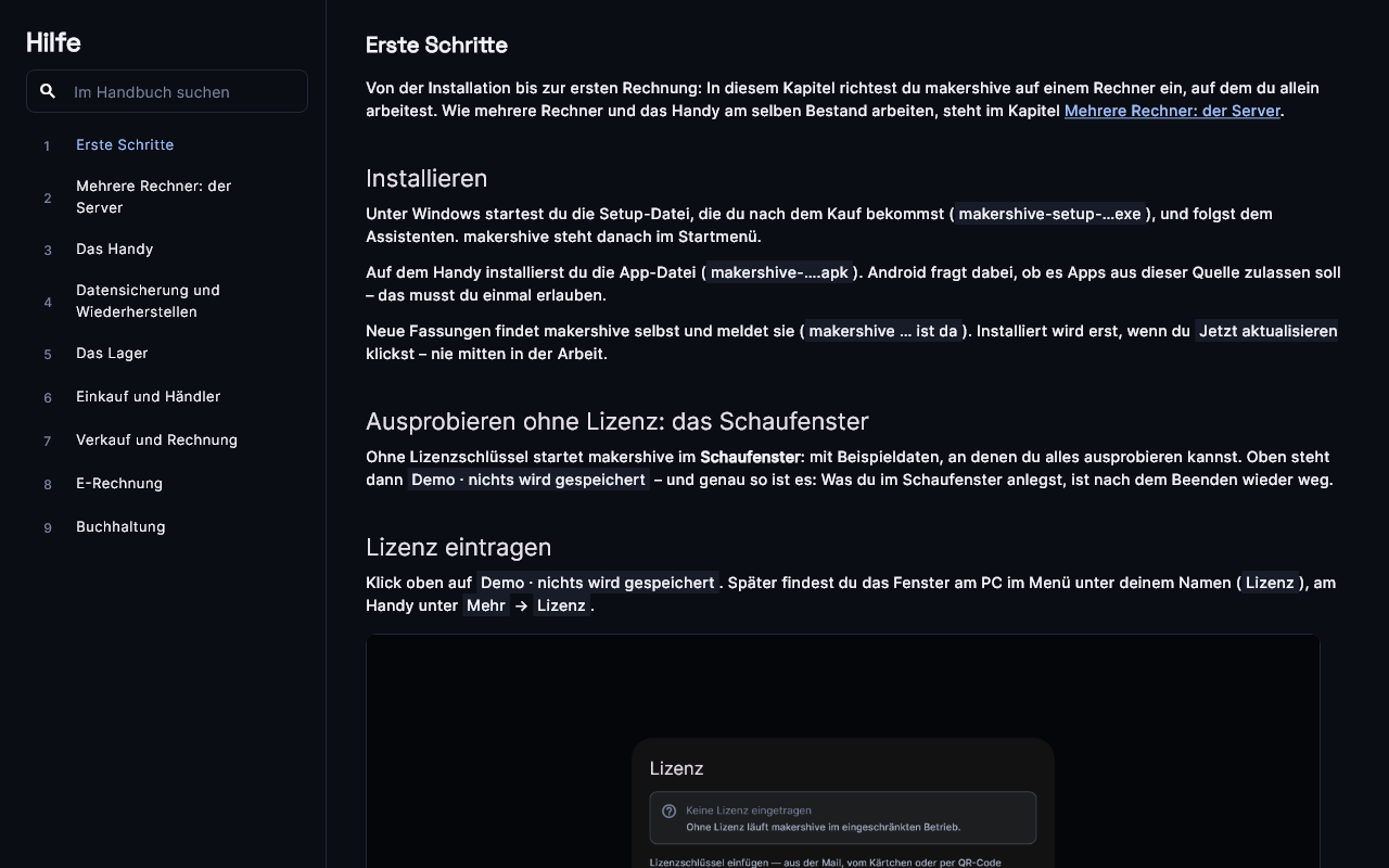 Die Hilfe: links Kapitel und Suche, rechts das Kapitel
