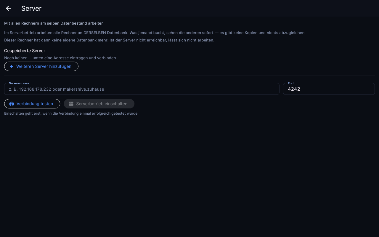 Einstellungen, Server: Adresse eintragen, testen, einschalten
