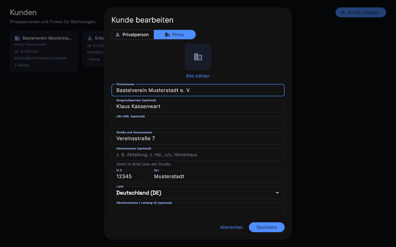 Ein Kunde im Bearbeiten-Fenster